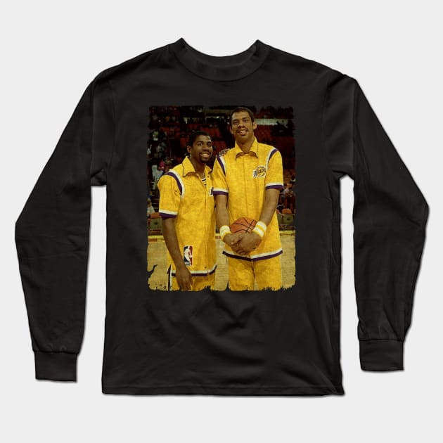 Magic Johnson and Kareem Abdul Jabbar of The Los Angeles Lakers, 1984 Long Sleeve T-Shirt by Wendyshopart